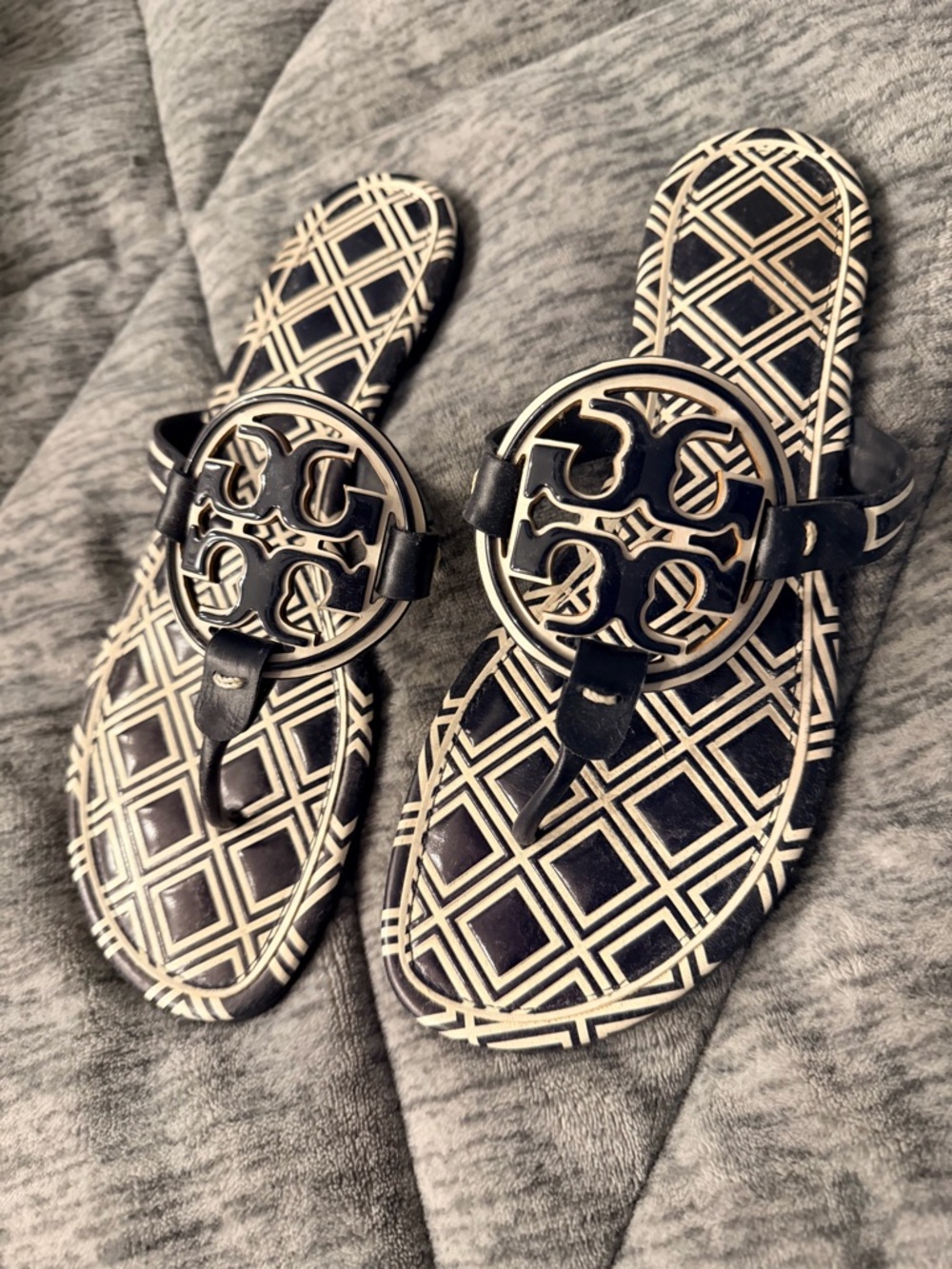 Tory Burch Black and Cream Logo Thong Sandals
